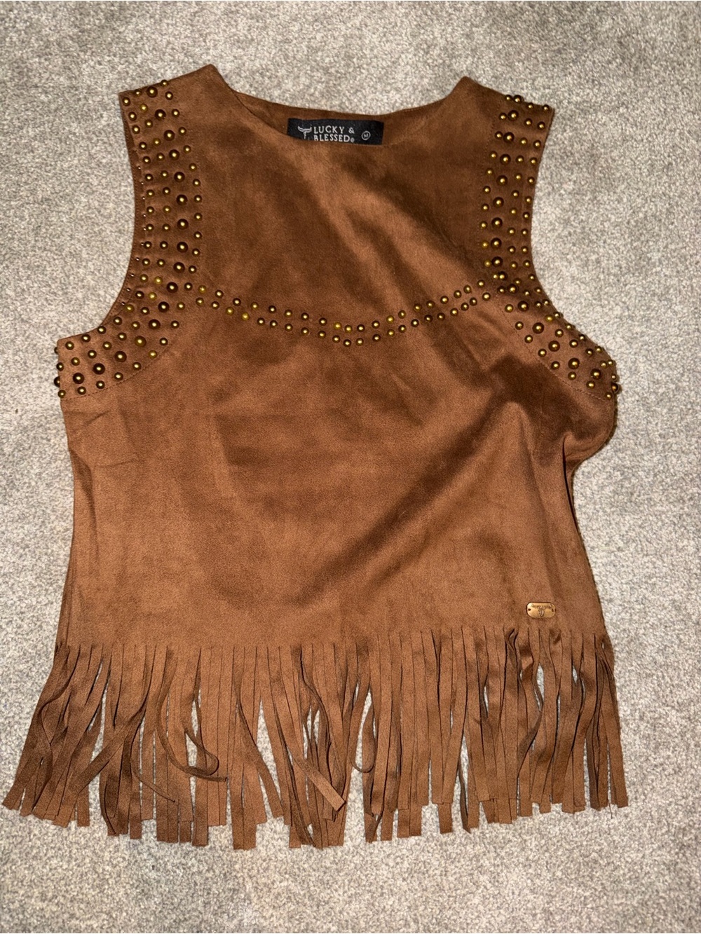 Lucky & Blessed Brown Faux-Suede Fringe Tank with Stud Details